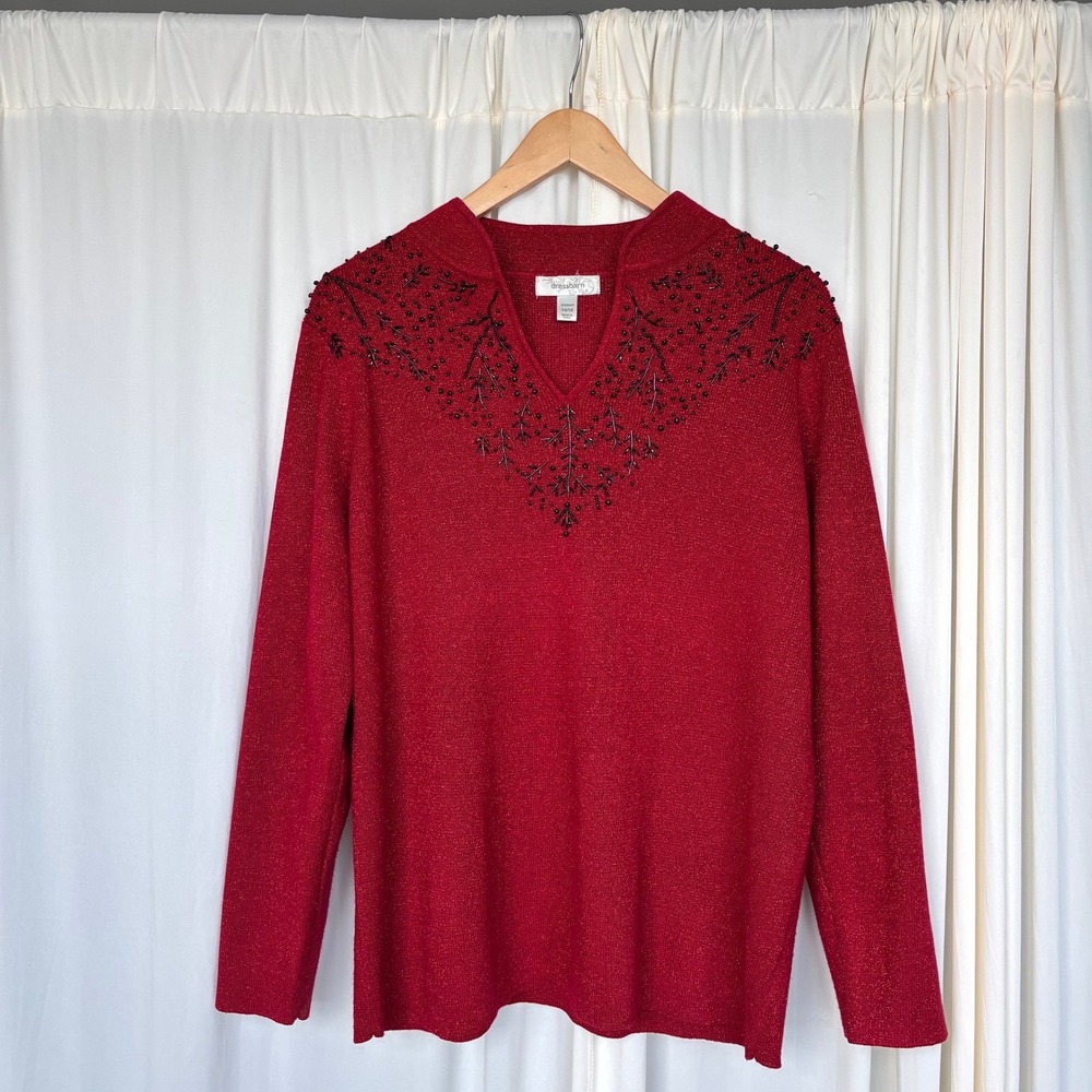 Vintage Dressbarn Festive Christmas Sweater Size 14/16 Red Beaded Y2K Holiday